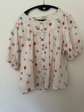 Madewell Cream Button-Front Floral Peasant Blouse
